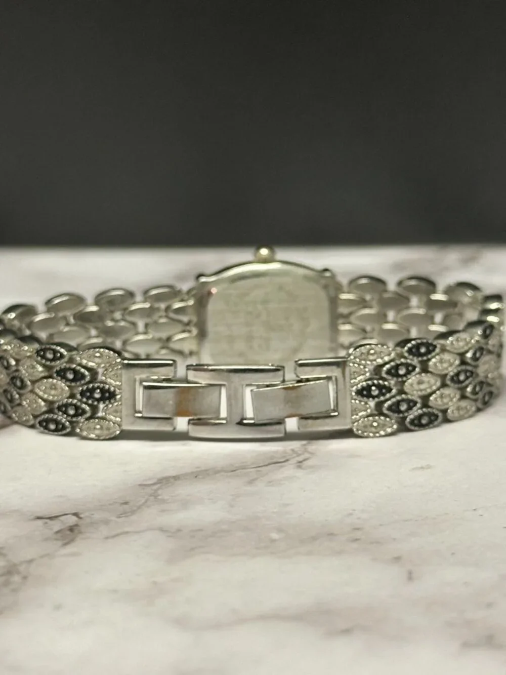 M. Z. Berger Marcasite Watch Silver Tone White Dial Ornate New Battery 7 inch
